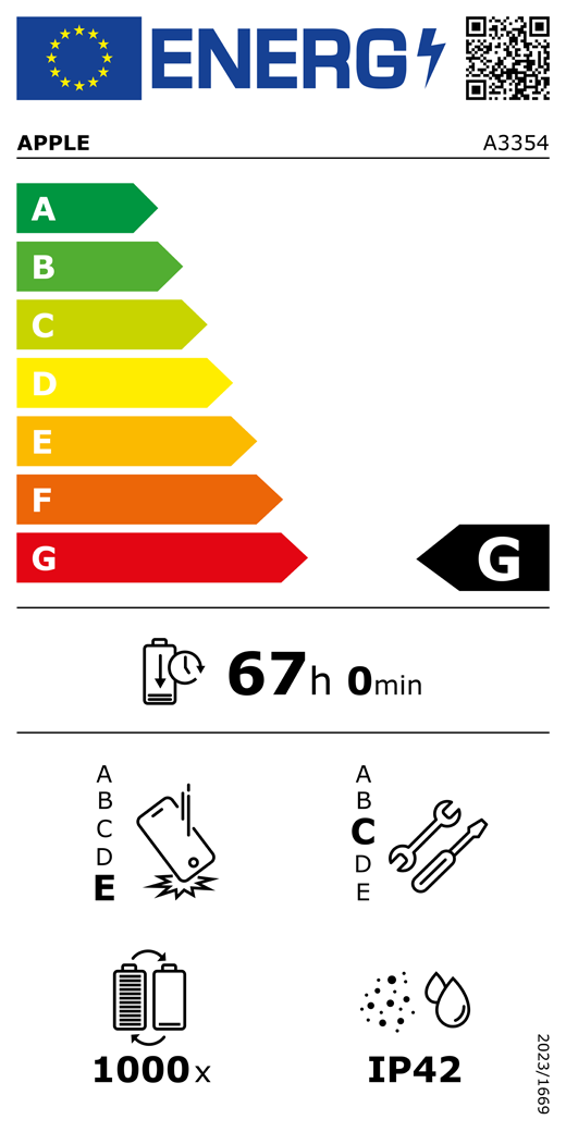QR kód a informácie na energetickom štítku EÚ, model Apple A3354, trieda G, triedy energetickej účinnosti (so stupnicou od A po G), A (najúčinnejšia) až G (najmenej účinná), výdrž batérie na jeden cyklus, 67 hodín a 0 minút na plné nabitie batérie, trieda spoľahlivosti pri opakovanom voľnom páde E, A (najodolnejšia) až E (najmenej odolná), trieda opraviteľnosti C, A (najopraviteľnejšia) až E (najmenej opraviteľná), výdrž batérie 1000 cyklov, stupeň ochrany proti vniknutiu prachu a vody (IP) IP42, nariadenie 2023/1669