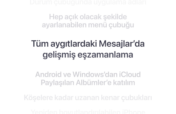 Dikey bir özellikler listesi, “FaceTime’da Çift Çekim” özelliği ortada kalın harflerle gösteriliyor. Etrafındaki diğer özellikler arka planda aşağı ve yukarı doğru silikleşiyor.