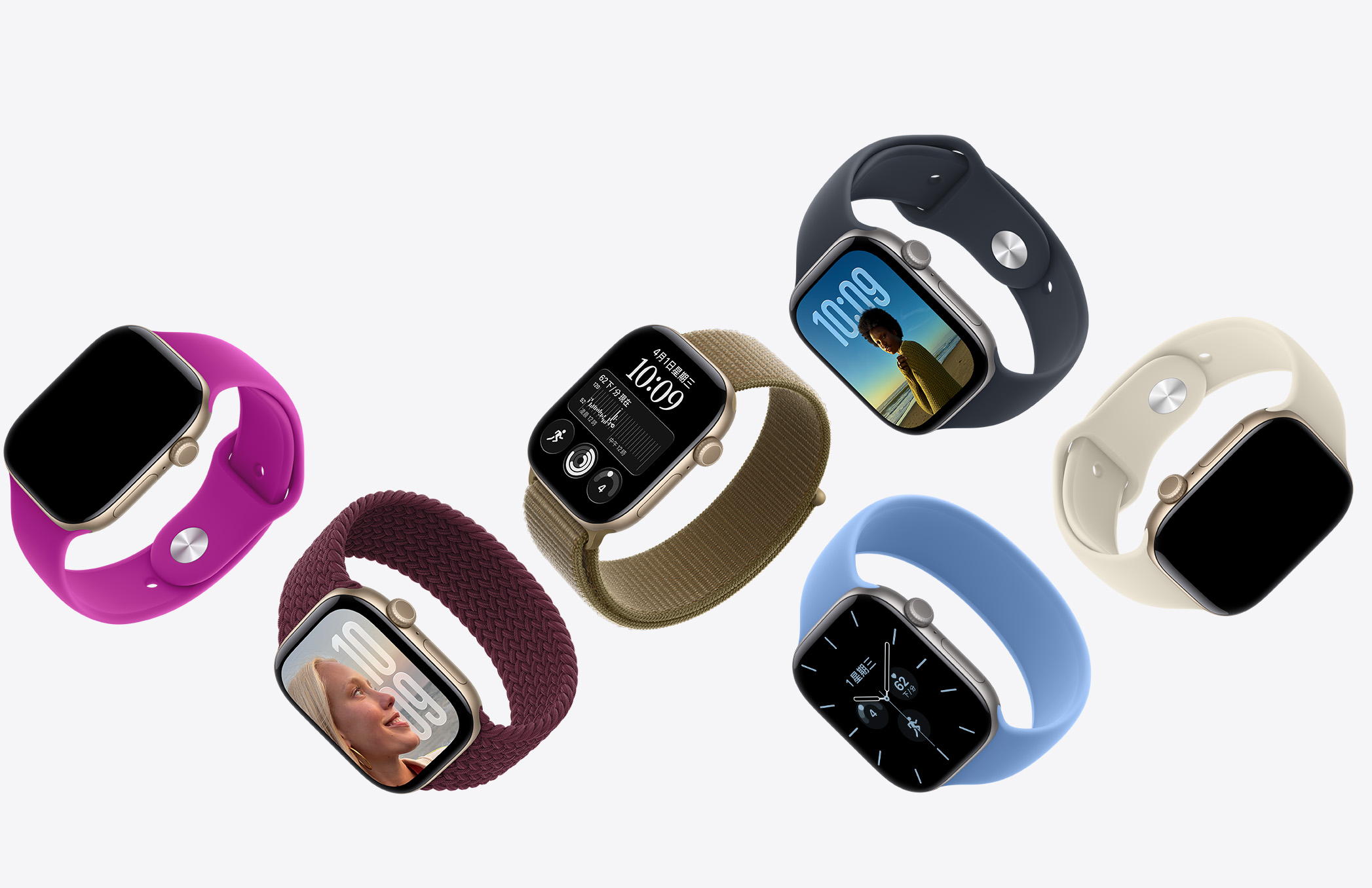 多部 Apple Watch 裝置，展示多種錶面與錶殼材質，搭配各種色彩繽紛的錶帶