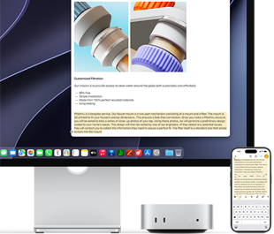 Mac mini, вид спереду, розміщений під Studio Display, iPhone розташовано праворуч від пристрою та дисплея, виділений текст із командами «Вирізати», «Копіювати», «Вставити» та «Автозаповнення» вгорі на iPhone, такий самий виділений текст на дисплеї — демонстрація універсального буфера обміну