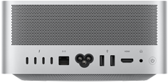 Mac Studio, задня панель, вентиляційні отвори з алюмінію, чотири порти Thunderbolt 5, один порт Ethernet, один порт живлення, два порти USB-A, один порт HDMI, один порт для навушників і кнопка живлення