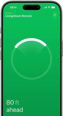 iPhone, Find My app on screen, text reads: Finding Living Room Remote, circular locator ring with bright arc pointing towards the remote’s direction, text reads: 80 ft ahead