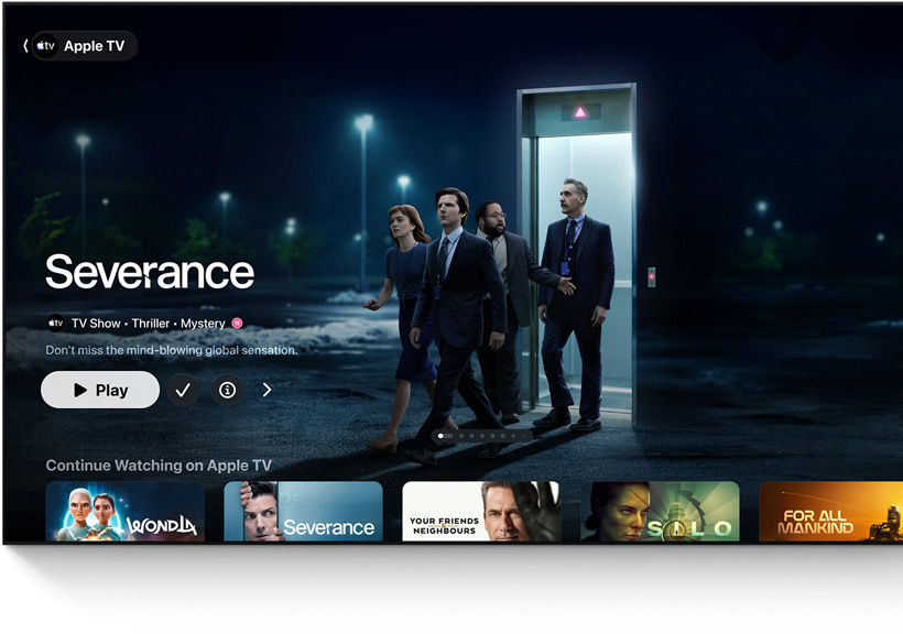 Apple TV app, featured title: Severance, people walk out of a lift into a parking lot, Continue Watching row below