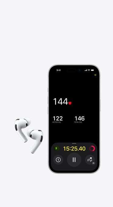 Venstre og højre trådløse øretelefoner ved siden af en iPhone med pulsmåler på skærmen