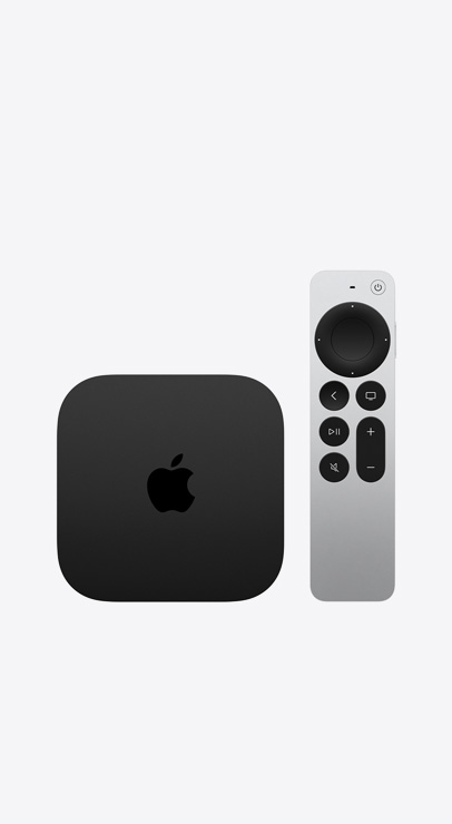 Apple TV 4K, black color, top exterior, shown with Siri Remote, silver color