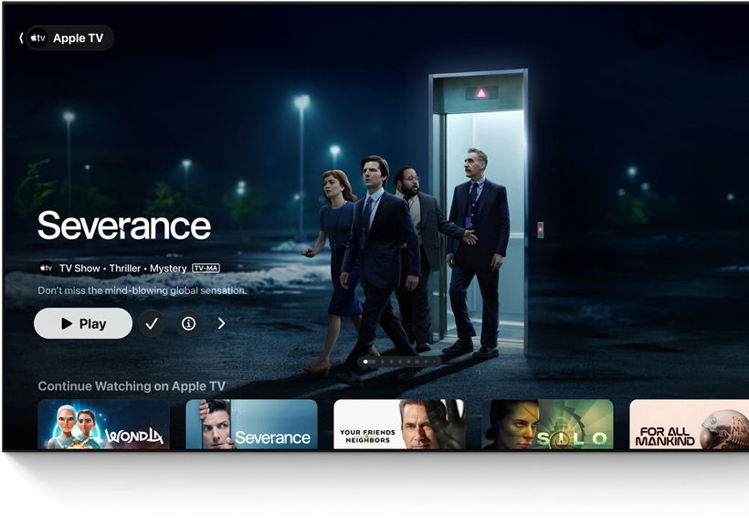Apple TV‑appen, rekommenderad titel: Severance, människor som går ut ur en hiss till en parkeringsplats, raden Fortsätt titta nedanför