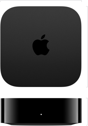 Parte de cima externa da Apple TV 4K com o logotipo da Apple no centro e parte da frente externa com a luz de status