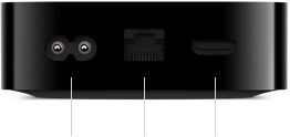 Parte de trás da Apple TV 4K com porta integrada de alimentação, Gigabit Ethernet e HDMI