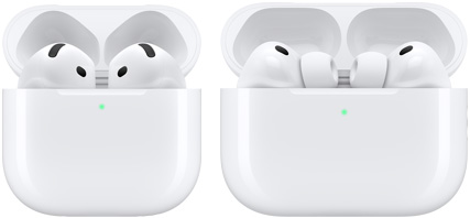 AirPods 5 and AirPods Pro 3: earbuds in open charging cases, white color, green status light on each