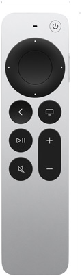 Siri Remote, front exterior, silver aluminium finish, clickpad and buttons