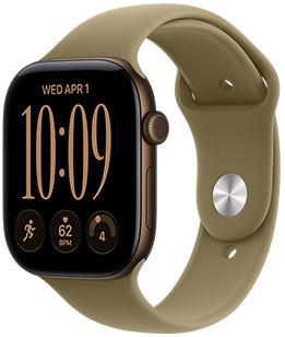 Apple Watch Series 12, aluminiumboett i mörk brons, höger utsida, Digital Crown, mikrofon, sidoknapp, sportband i färgen oliv (mörkgrön), silverfärgat stiftspänne