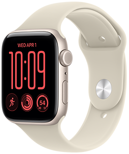 Apple Watch SE 3, aluminiumboett i färgen stjärnglans, höger utsida, Digital Crown, mikrofon, sidoknapp, sportband i färgen sand (ljusbrun), silverfärgat stiftspänne
