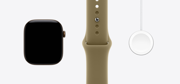 Apple Watch Series 12, алюмінієвий корпус, темно-бронзовий колір, вид спереду, дисплей на всю передню панель, спортивний ремінець оливкового кольору, кабель USB‑C з магнітним кріпленням для швидкого заряджання Apple Watch