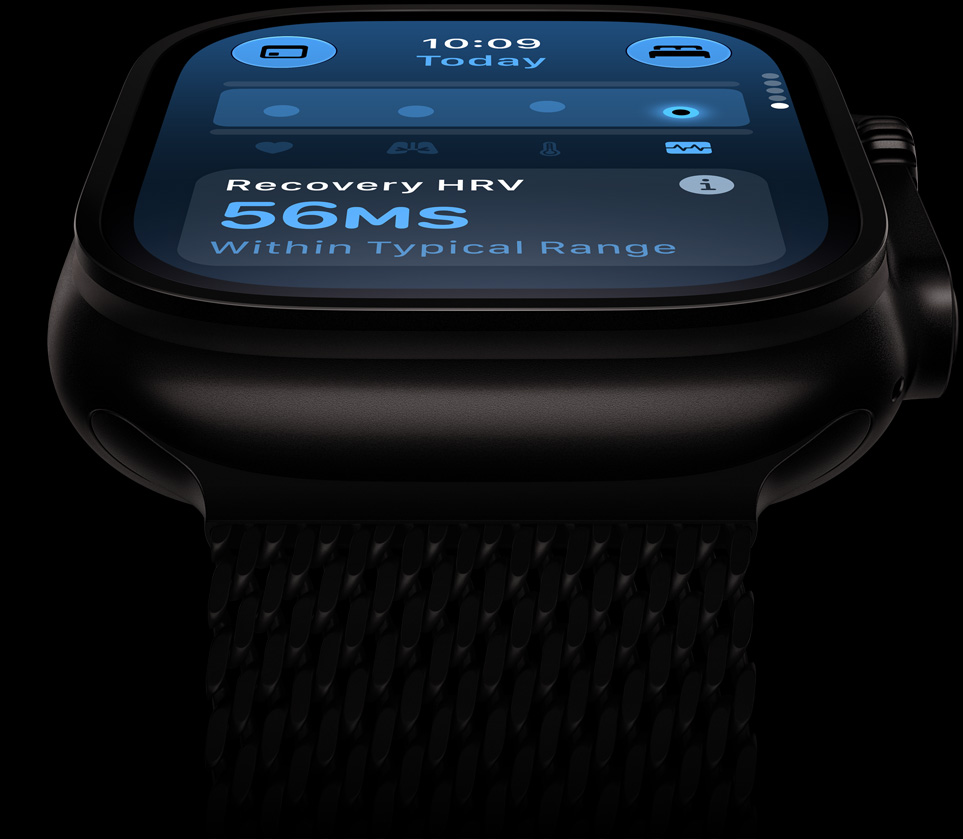 Apple Watch Ultra 4 z kopertą z tytanu w kolorze czarnym, HRV w typowym zakresie, bransoleta mediolańska z tytanu w kolorze czarnym