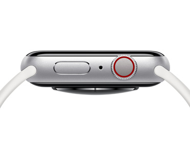 Apple Watch, color plata, parte lateral derecha, botón lateral, orificio de micrófono, Digital Crown