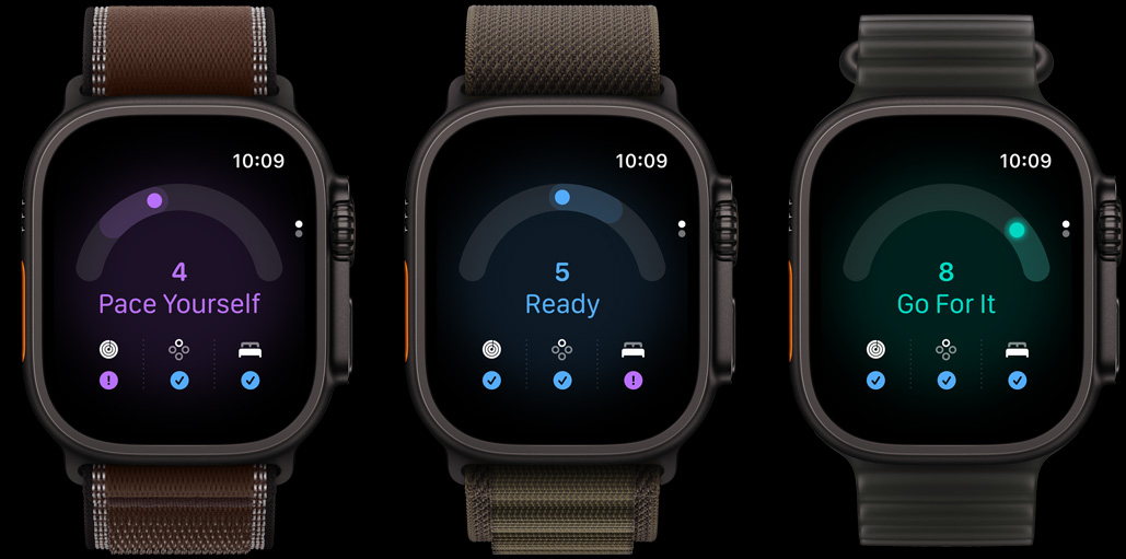 Trois Apple Watch Ultra 4 : boîtier en titane noir, score de préparation 4, bracelet Boucle Trail terre d’ombre foncée, boîtier en titane noir, score de préparation 5, bracelet Boucle Alpine olive sombre, boîtier en titane noir, score de préparation 8, Bracelet Océan noir translucide