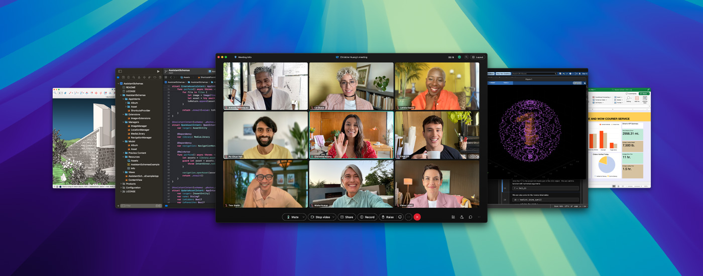 Vue de plusieurs écrans d’apps, dont celui d’une réunion virtuelle sur Webex.