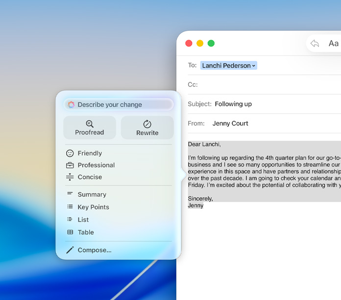 Ứng dụng Mail với khung Công Cụ Viết của Apple Intelligence hiển thị các tùy chọn hiệu đính, viết lại và điều chỉnh giọng văn