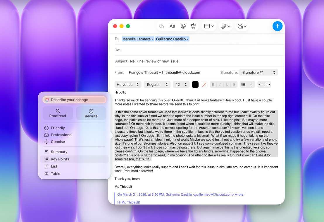 Ứng dụng Mail với khung Công Cụ Viết của Apple Intelligence, tùy chọn Điểm Chính được tô sáng