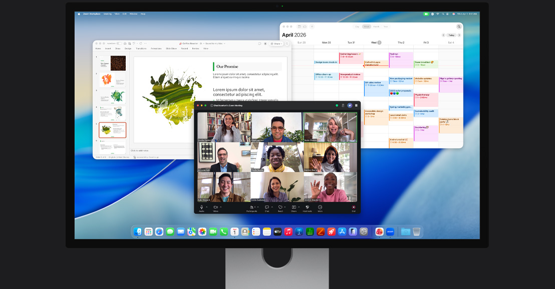 iMac, màn hình hiển thị cuộc gọi video Zoom với nhiều người tham gia, lịch và bài thuyết trình đang mở ở dưới nền