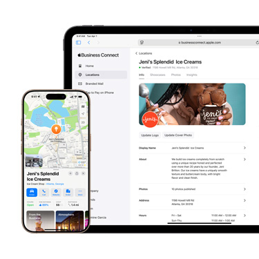 En iPad vist forfra med en virksomheds Apple Business Connect-platform. Foran iPad-enheden er der en iPhone med oplysninger om virksomheden i Apples Kort.