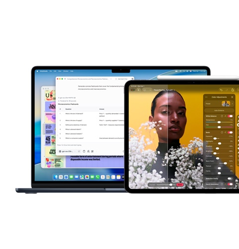 Pantalla de una Mac que muestra Apple Intelligence, pantalla de un iPad que muestra Pixelmator Pro