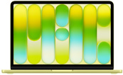 MacBook Neo, abierta, muestra un fondo degradado de colores con rayas verticales en tonos verde, amarillo y azul.