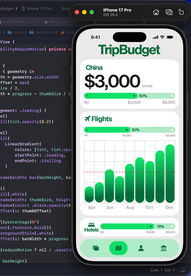 La pantalla muestra una app que se está programando en Xcode.