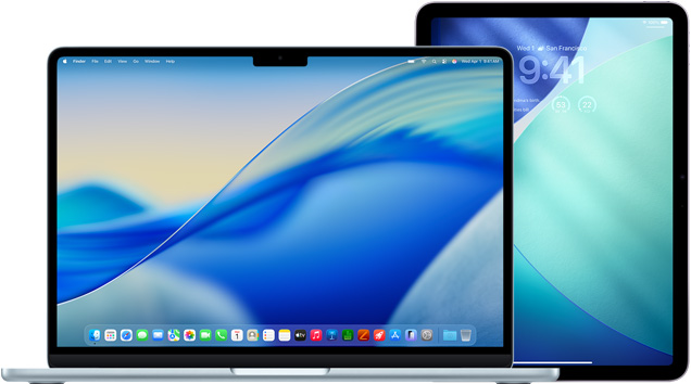 MacBook a la izquierda, iPad a la derecha, las pantallas muestran un fondo azul y verde similar.