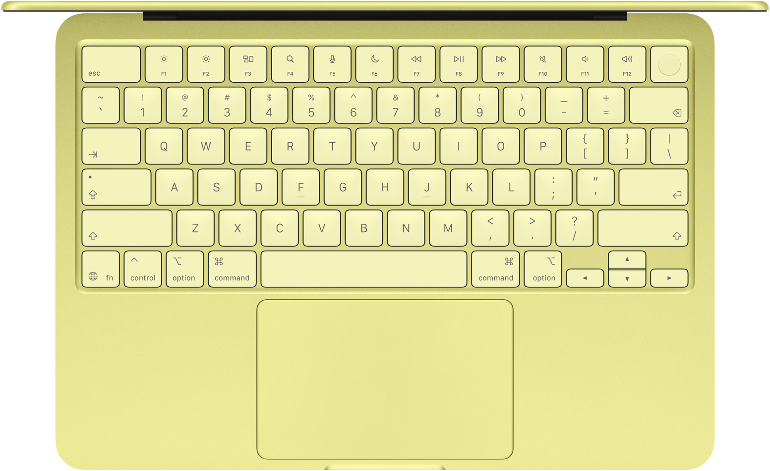 جهاز MacBook&nbsp;Neo، لقطة علوية، لوحة مفاتيح، صف مفاتيح وظائف بالحجم الكامل، زر بصمة الإصبع، لوحة تعقّب، لون أصفر سيتروس