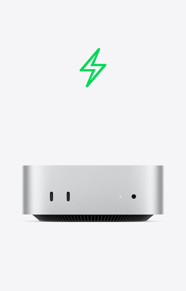 أيقونة رمز صاعقة باللون الأخضر، الجهة الأمامية لجهاز Mac&nbsp;mini، منفذا USB-C، ضوء مؤشر التشغيل