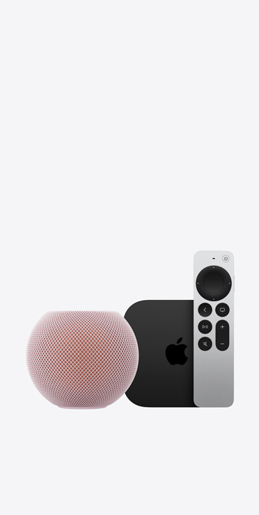 HomePod mini 2, pink colour, with Apple TV 4K and Siri Remote