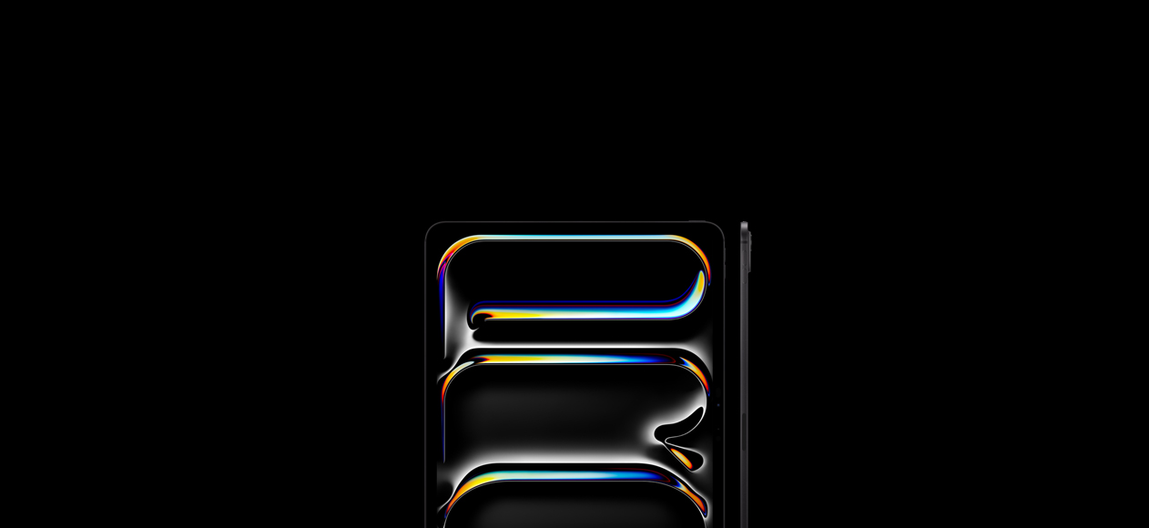 Două dispozitive iPad&nbsp;Pro, exterior frontal, poziționate vertical, rama ecranului neagră, afișajul redă linii curbe multicolore; exterior lateral, profil subțire, buton de creștere a volumului, buton de reducere a volumului, sistem de camere Pro ușor reliefat