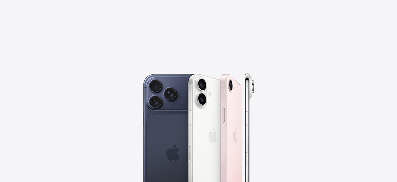 iPhone 17 Pro, parte posterior, color azul profundo, sistema de cámaras Pro Fusion en la esquina superior izquierda, logo de Apple en el centro, iPhone 17, parte posterior, color blanco, sistema de dos cámaras Fusion en la esquina superior izquierda, logo de Apple en el centro, iPhone 17e, parte posterior, color rosa pálido, sistema de cámara Fusion en la esquina superior izquierda, logo de Apple en el centro, iPhone Air, parte lateral, perfil del marco de titanio, sistema de cámara Fusion en la esquina superior izquierda
