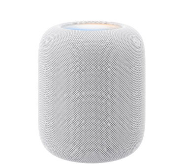 HomePod (segunda generación), color blanco, parte frontal, diseño cilíndrico, malla acústica sin costuras. Parte superior, superficie táctil plana y retroiluminada, iluminación multicolor
