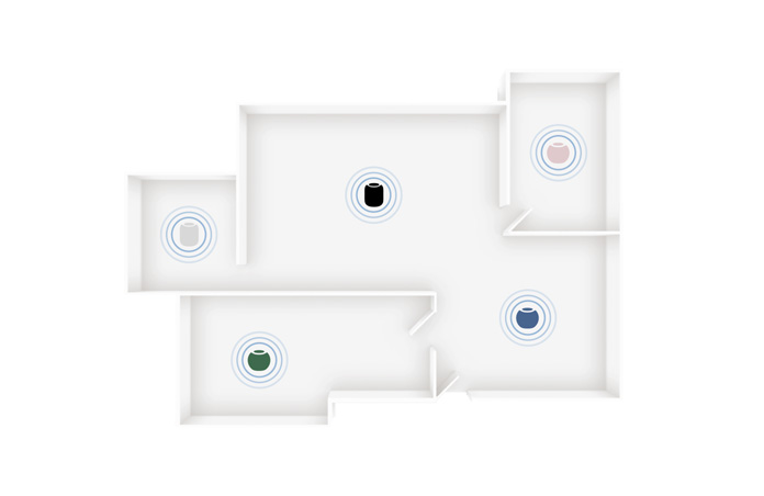 Bocinas HomePod y HomePod mini 2 en distintos colores ubicadas en diferentes ambientes en el plano de una casa