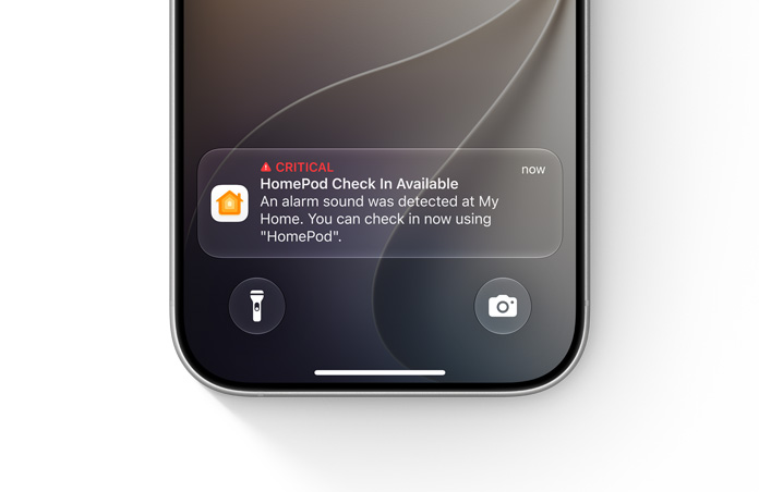 iPhone-låseskærm viser en vigtig notifikation i Hjem-appen med teksten: Vigtig, Tjek ind for HomePod er tilgængelig, Der blev registreret en alarmlyd i Mit hjem, Du kan tjekke ind nu via HomePod