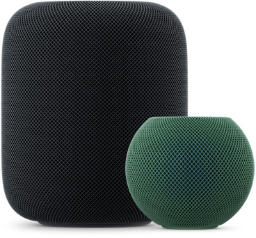 HomePod i farven midnat ved siden af HomePod mini 2 i grøn, størrelsessammenligning, der viser den større cylindriske HomePod ved siden af den kompakte kugleformede HomePod mini 2