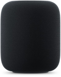 HomePod i farven midnat vist forfra med cylindrisk design og ensartet akustisk netstof