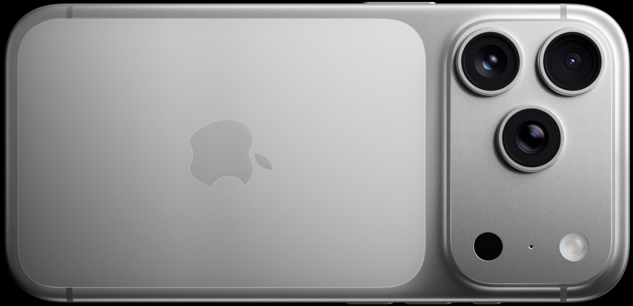 銀色 iPhone 17 Pro 機身背面，展示 Pro 融合相機系統，包括三個鏡頭、麥克風、閃光燈