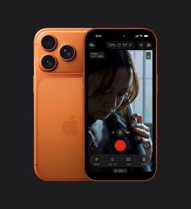 iPhone 17 Pro 螢幕畫面，顯示正在拍攝一名女子拉大提琴，展示 ProRes RAW 功能