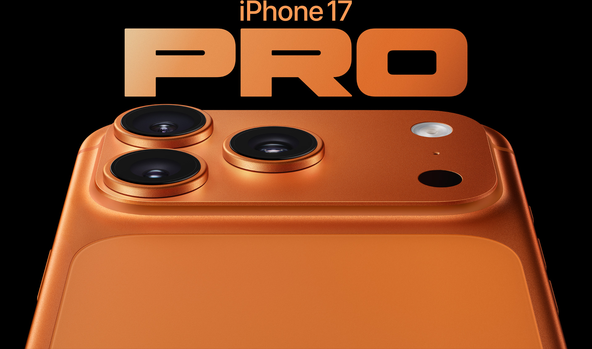 宇宙橙色 iPhone 17 Pro 局部機身背面，展示 Pro 融合相機系統包括左上角的三個鏡頭、麥克風、閃光燈