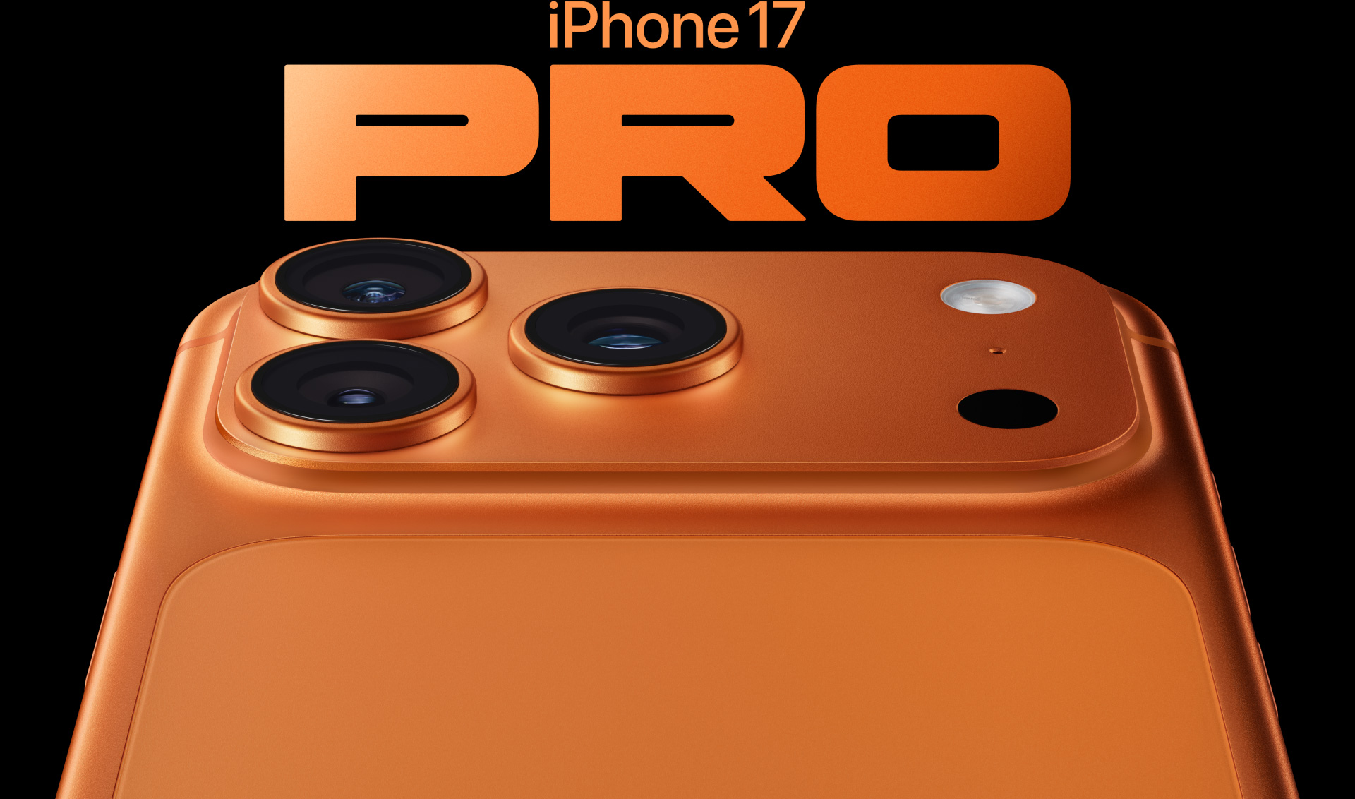 宇宙橙色 iPhone 17 Pro 局部機身背面，展示 Pro 融合相機系統包括左上角的三個鏡頭、麥克風、閃光燈