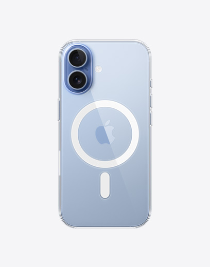 iPhone 17 機身背面，展示 MagSafe 透明護殼，雙融合相機系統位於左上角。