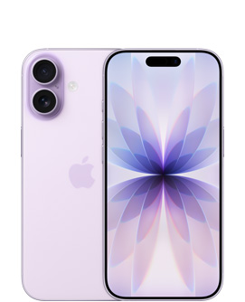 薰衣草紫色 iPhone 17 機身背面，雙融合相機系統位於左上角，Apple 標誌在中央；薰衣草紫色機身正面，展示頂部中央的動態島。