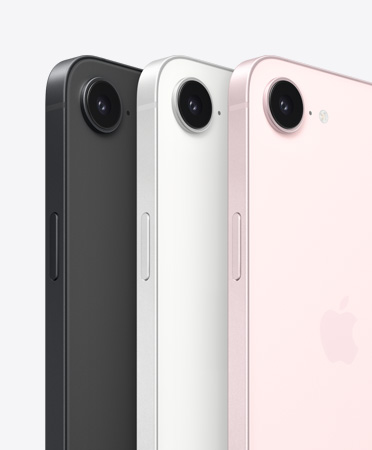 iPhone 17e, partes lateral y trasera, color negro, partes lateral y trasera, color blanco, partes lateral y trasera, color rosado pálido, cámara Fusion en la parte superior, botón lateral