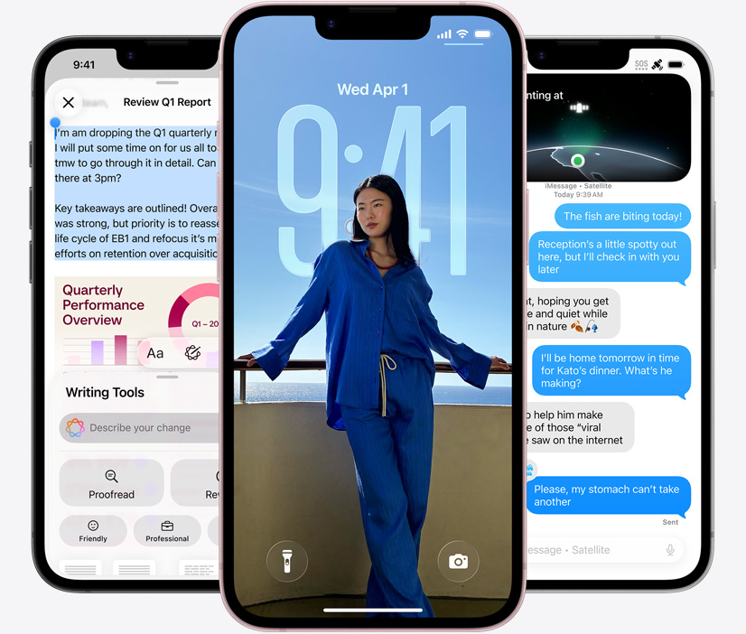 Three iPhone 17e devices, front exterior, screenshot featuring Writing Tools in use, Lock Screen showing a photo of a person and Messages app sending messages via satellite