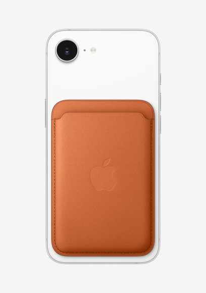 iPhone 17e, back exterior, white color, FineWoven Wallet with MagSafe in fox orange color, Fusion camera at top