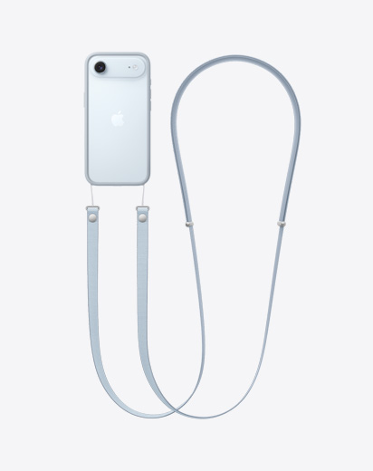 iPhone Air 機身背面，搭配淡藍色防護邊框及斜背掛繩