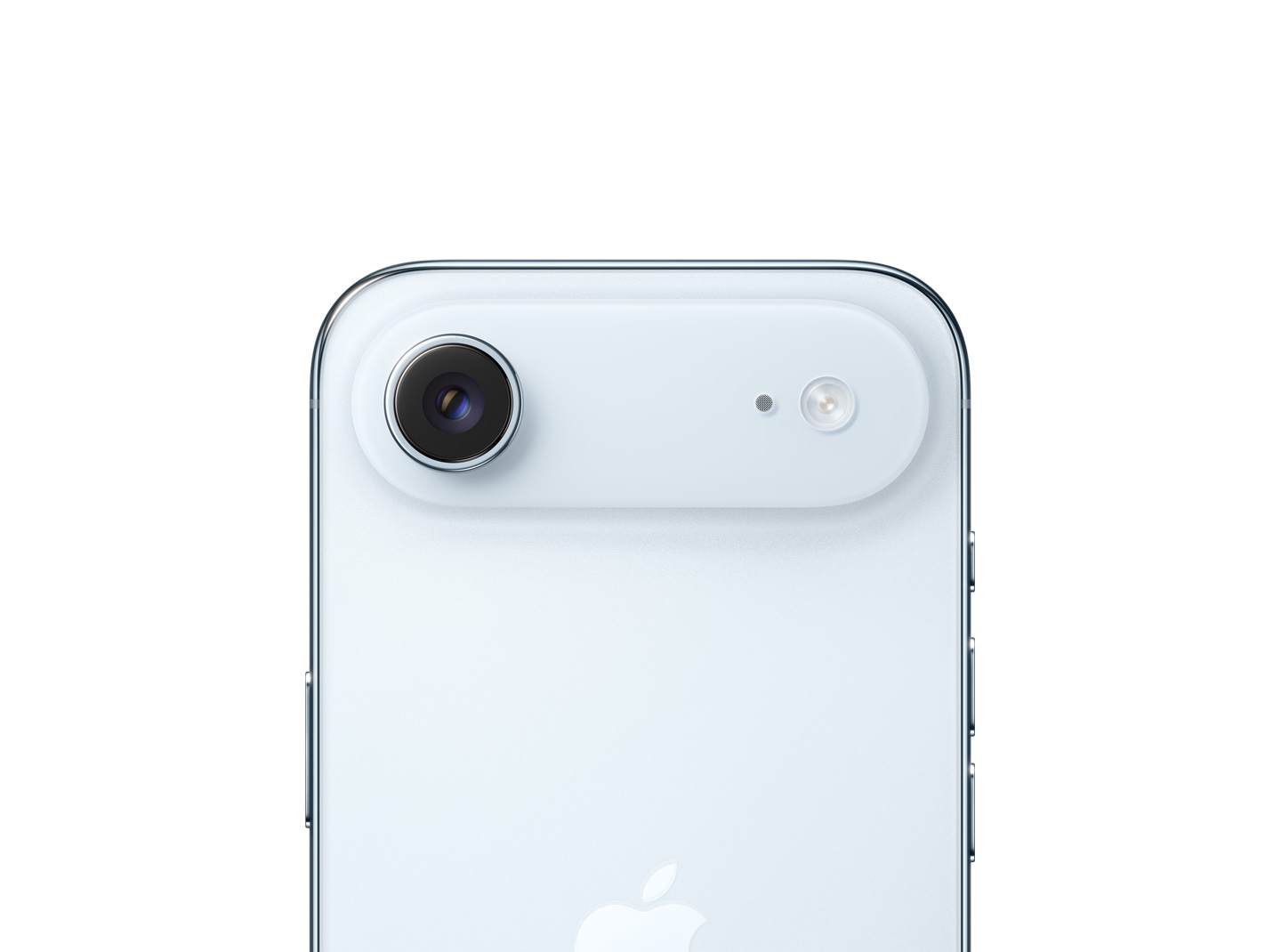 天藍色 iPhone Air 機身背面，展示位於上方擴展平台的融合相機系統